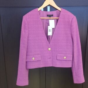 Ann Taylor Textured Purple Pink Tweed Crop V Neck Blazer Jacket - Size 12 NWT